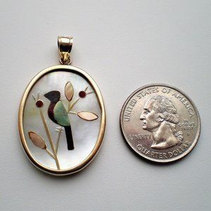 Native American ZUNI 14K Yellow Gold Mother Of Pearl Coral Jade Inlay Pendant